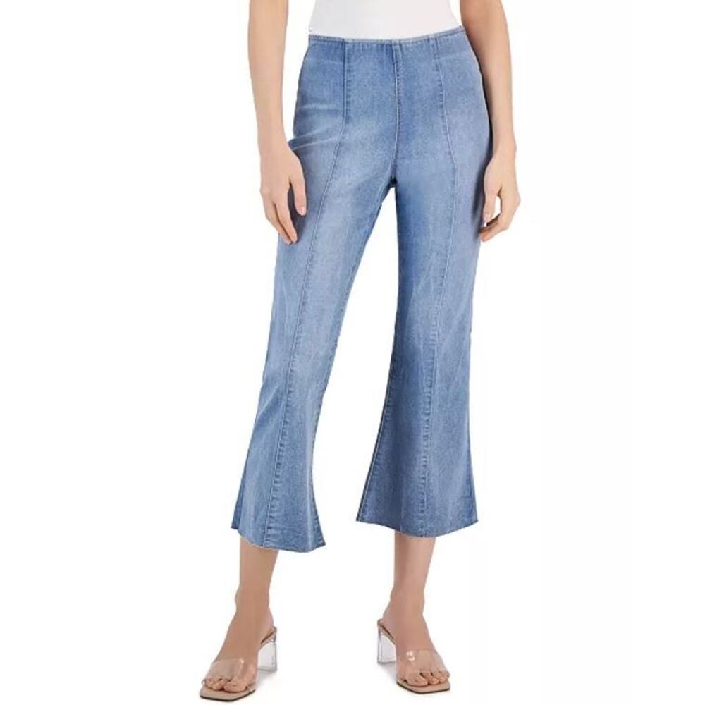 NWT I.N.C Women's High Rise Pull On Flared Cropped Jeans in Indigo Blue 14
